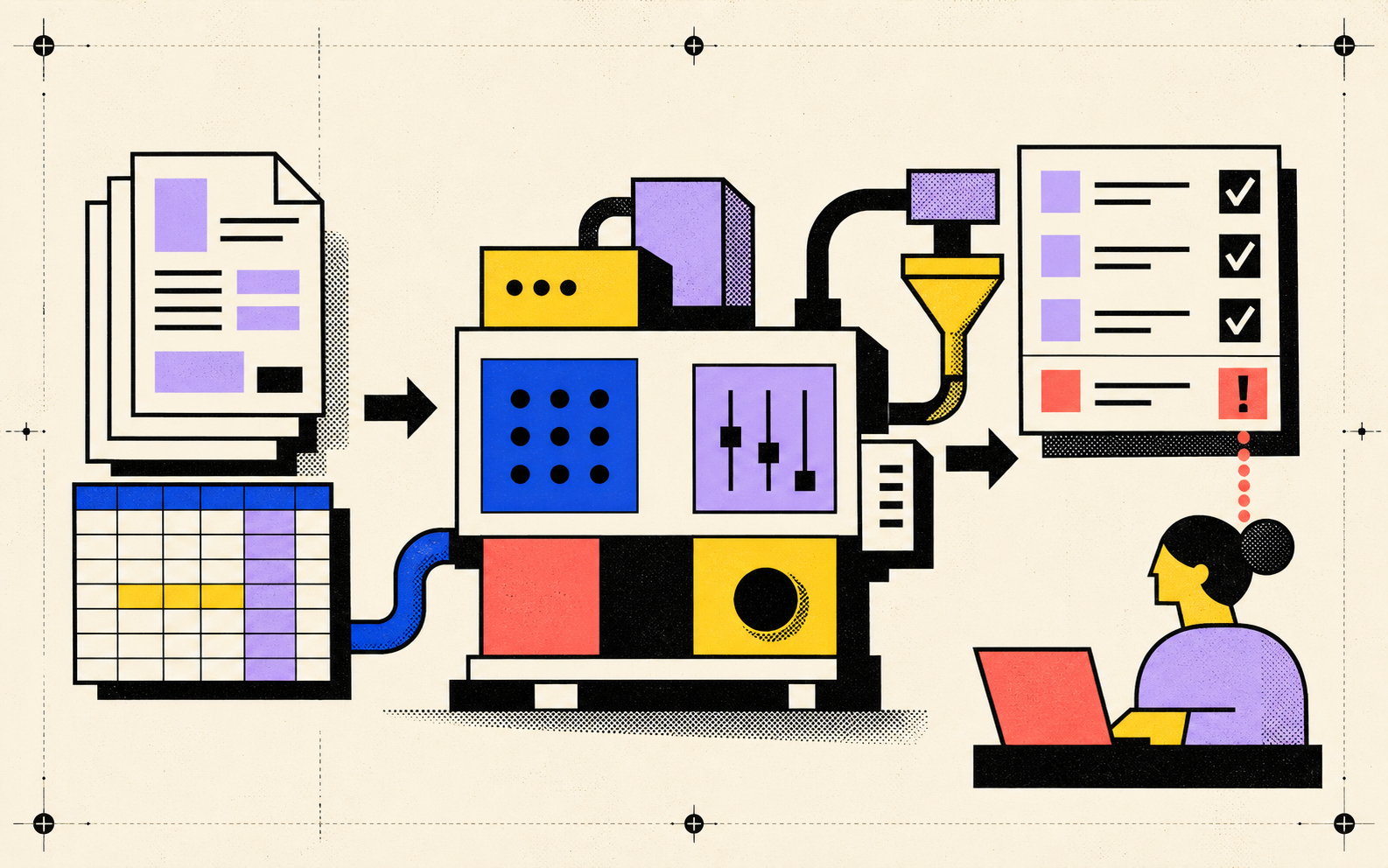 Ilustración editorial de documentos y datos que pasan por un sistema automatizado para separar las excepciones